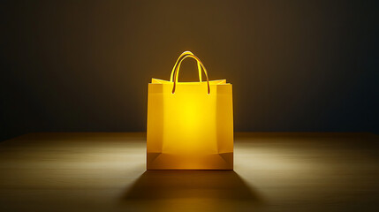 A single yellow shopping bag stands centered on a simple wooden table, against a plain white backdrop, brightly illuminated by studio lights, creating a vibrant and clean composition