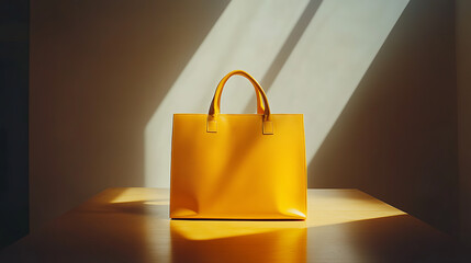 A single yellow shopping bag stands centered on a simple wooden table, against a plain white backdrop, brightly illuminated by studio lights, creating a vibrant and clean composition