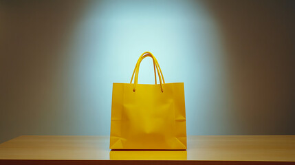 A single yellow shopping bag stands centered on a simple wooden table, against a plain white backdrop, brightly illuminated by studio lights, creating a vibrant and clean composition