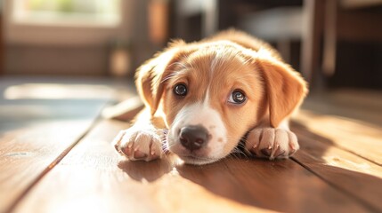 harming mixed breed puppy with a light brown coat and white patches,