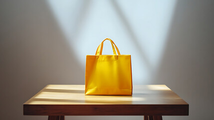 A single yellow shopping bag stands centered on a simple wooden table, against a plain white backdrop, brightly illuminated by studio lights, creating a vibrant and clean composition