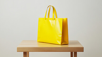 A single yellow shopping bag stands centered on a simple wooden table, against a plain white backdrop, brightly illuminated by studio lights, creating a vibrant and clean composition