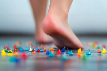 Female foot above colored pushpin