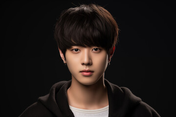 A striking portrait of a handsome Korean man with soft, tousled fringes, wearing a high-fashion coat.fringes sweeping across his forehead, glowing skin, and soft brown eyes.