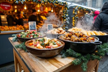 Obraz premium Platos de comida variada servidos al aire libre en un mercado navideño, con decoración festiva y luces. 