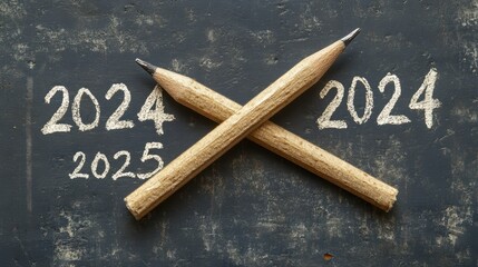 Wooden pencils forming a cross over a chalkboard with the years 2024 and 2025 written, symbolizing the transition and planning for the upcoming years in education or work