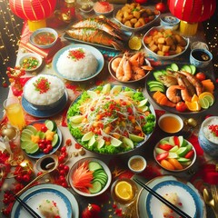 Fototapeta premium festive Chinese New Year table, yu-sheng salad, fried fish, rice, shrimp, decor, lunch, dinner, feast, national, traditional food, delicious treats, meal, celebration, holiday