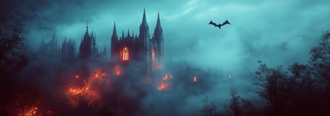 Mysterious dark fantasy landscape featuring foggy castle ruins with glowing windows, bats, and a medieval building under cinematic lighting.