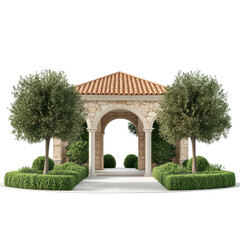 Obraz premium Elegant luxury garden pavilion inspired by Mediterranean villa architecture, perfect for serene outdoor living.