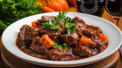 Carne de res estofada con zanahorias y papas en un plato blanco, acompa&ntilde;ada de vino tinto en un ambiente acogedor.
