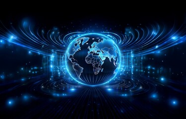 A glowing blue globe in a digital world surrounded by lines of light.