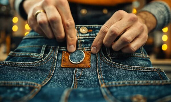 Close-up of hands adjusting a leather patch on denim jeans.