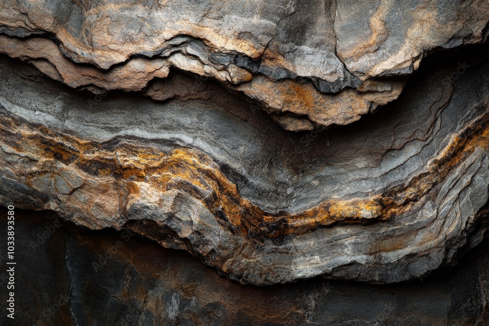 Aufkleber A close-up of rugged rock formations featuring intricate grey layers, creating a texture reminiscent of natural strength and resilience through geological time.
