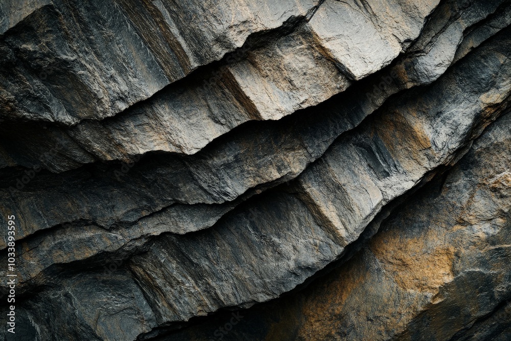 Aufkleber Intricately layered rock formations with deep crevices and shadows, showcasing the natural beauty and complexity of geological structures over eons of time.