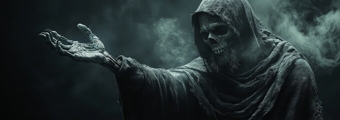 Dramatic photorealistic depiction of a grim reaper extending his hand, featuring a skeletal face and dark cloak against a misty backdrop.