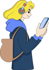 Enjoying Music Entertainment Through Smartphone with Young Woman Wearing Headphones in Cartoon Style Illustration