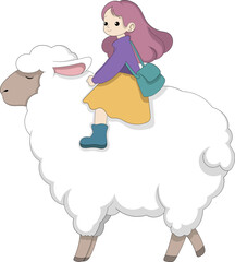 Little Girl Riding on a Fluffy Sheep in Whimsical Cartoon Style Illustration