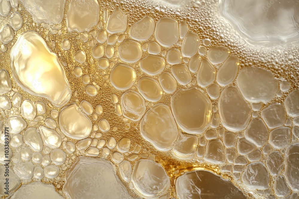 Poster This image showcases delicately organized golden bubbles creating a mesmerizing abstract pattern, capturing a sense of fluidity and vibrant energy.