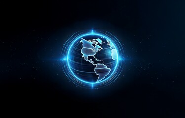 A glowing blue globe is surrounded by concentric circles, set against a dark blue background. The globe represents the earth, and the circles symbolize connections and networks.