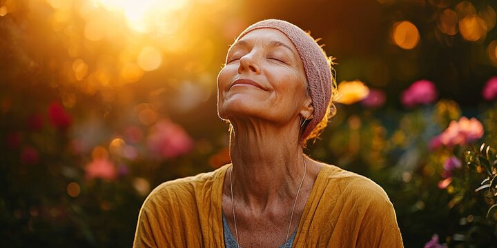 A woman with cancer meditating in a peaceful garden, surrounded by flowers and sunlight, her eyes closed in peaceful contemplation, creating a serene, healing atmosphere