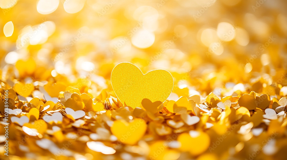 Wall mural golden heart-shaped confetti scattered across a bright surface during a festive celebration