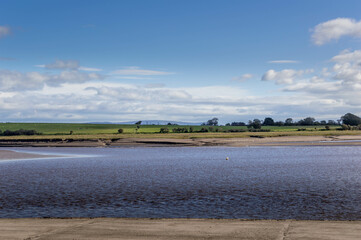 River, fields, sky, landscape, horizon, rural, farm with space for copy