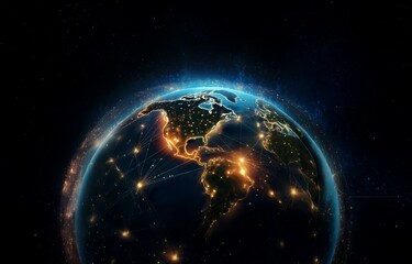 Obraz premium A glowing blue and gold earth surrounded by a network of lines against a dark, starry backdrop.