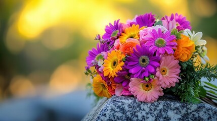 Fototapeta premium a beautifully arranged bouquet of colorful flowers placed on a cemetery stone, symbolizing remembrance and love, set against a serene background for a poignant atmosphere