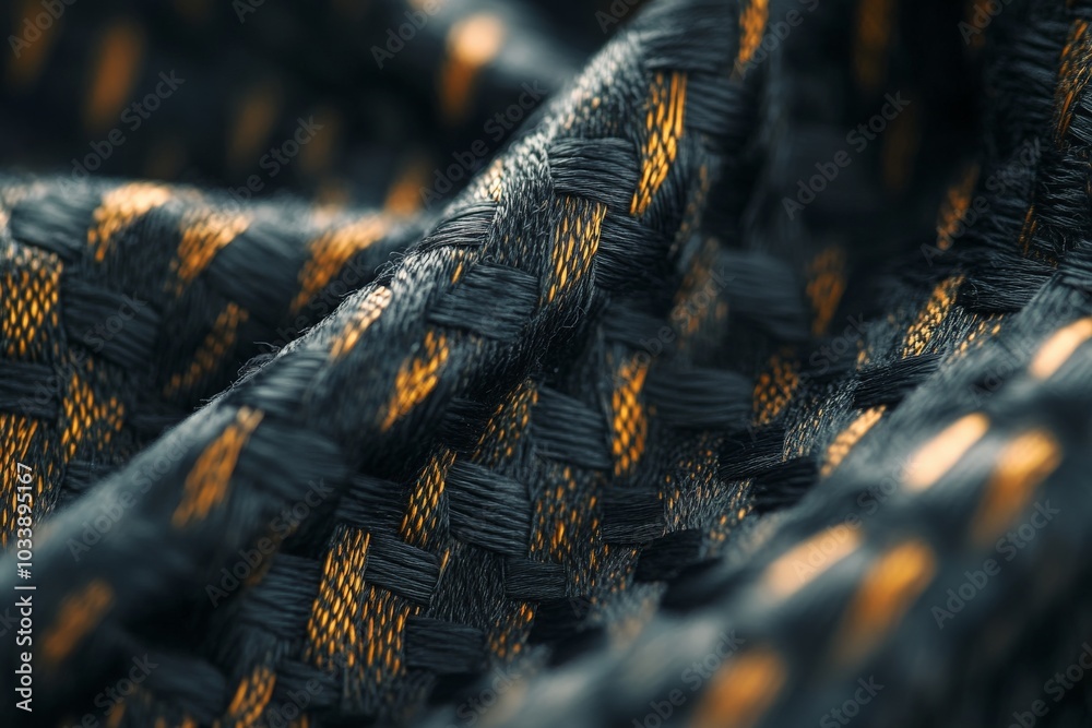 Poster a close-up view of a woven textile, depicting an intricate interlace of black and gold threads that 
