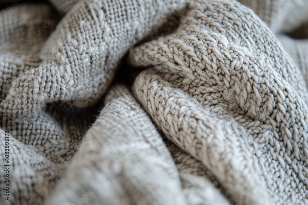 Poster the knitted fabric features detailed patterns and a warm, textured surface, ideal for conveying comf