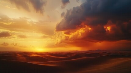 Fototapeta premium a breathtaking desert landscape under a dramatic, cloudy sky, with a warm sunset casting golden hues over rolling sand dunes, creating a serene and moody scene