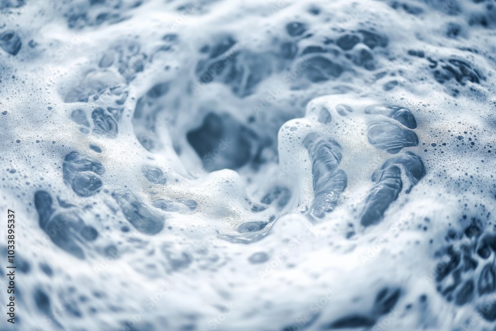 Fototapete This image showcases a captivating vortex of swirling foam and bubbling water, highlighted by varying shades of blue, creating a dynamic and mesmerizing visual effect.