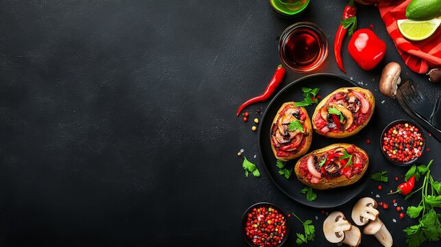 Tres barquitos de verduras rellenos con carne y salsa de tomate, decorados con hierbas frescas y acompa&ntilde;ados de ingredientes alrededor.
