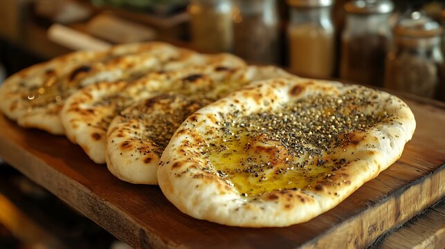 A close-up of pita bread on a wooden board, topped with za'atar and olive oil, its golden surface shining under the warm afternoon light. The background features a rustic Middle Eastern kitchen,