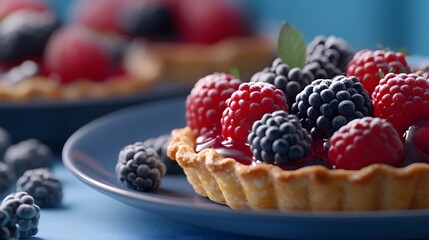 A close-up of a berry tart topped with raspberries and blackberries on a blue background.