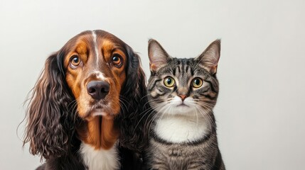 delightful image of a Russian Spaniel and a Scottish Straight cat sitting side by side,