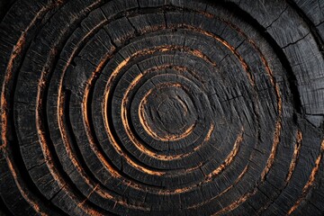 Fototapeta premium A close-up view of charred tree rings, where the contrasting dark and light textures highlight the unique and dramatic patterns created by nature's artistry.