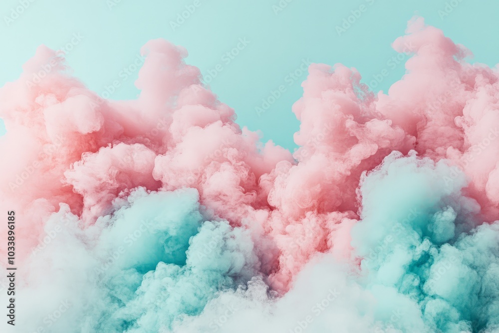 Poster swirling abstract pink and teal clouds merge against a light blue sky, symbolizing creativity and fr