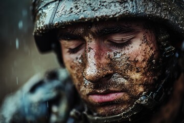 Obraz premium A soldier's face, heavily covered in mud, with eyes shut tight beneath a helmet, captures the essence of determination and the physical demands of wartime conditions.
