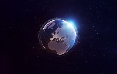 Fototapeta premium A glowing digital representation of the Earth with a focus on Europe, surrounded by lines connecting it to other parts of the world.