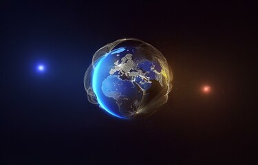 A glowing blue and gold sphere representing the earth is surrounded by stars and glowing lines in space.
