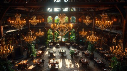 A magnificent, opulent dining hall bathed in warm, golden sunlight features grand chandeliers and elegant architectural details reminiscent of a luxurious bygone era