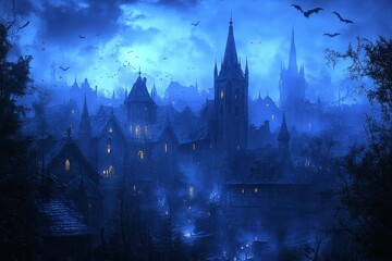Dark Fantasy Scene Featuring Medieval Gothic-Style Buildings with Spires and Glowing Windows Against a Foggy Night Sky.