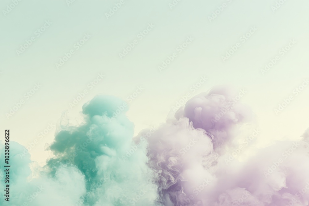 Poster a tranquil blend of pastel turquoise and lavender clouds creating a dreamlike, ethereal atmosphere. 