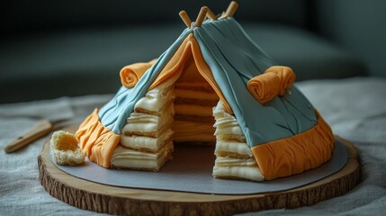 Colorful camping tent cake in toy form.