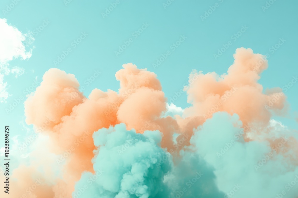 Poster soft clouds in shades of pastel orange and blue float against a clear sky, offering a dreamlike visu