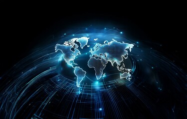 A glowing white world map is set against a dark blue background, radiating lines of light.