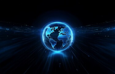 Obraz premium A glowing, blue globe surrounded by luminous streaks of light against a dark background.