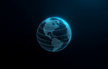 A glowing blue globe with a wireframe effect. The North American continent is visible.