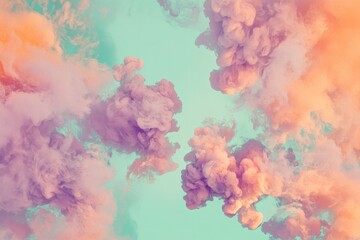 Fototapeta premium Soft pastel clouds drift across a green and orange tinted sky, creating a dreamlike landscape filled with serenity and surreal beauty, inspiring calm and wonder.